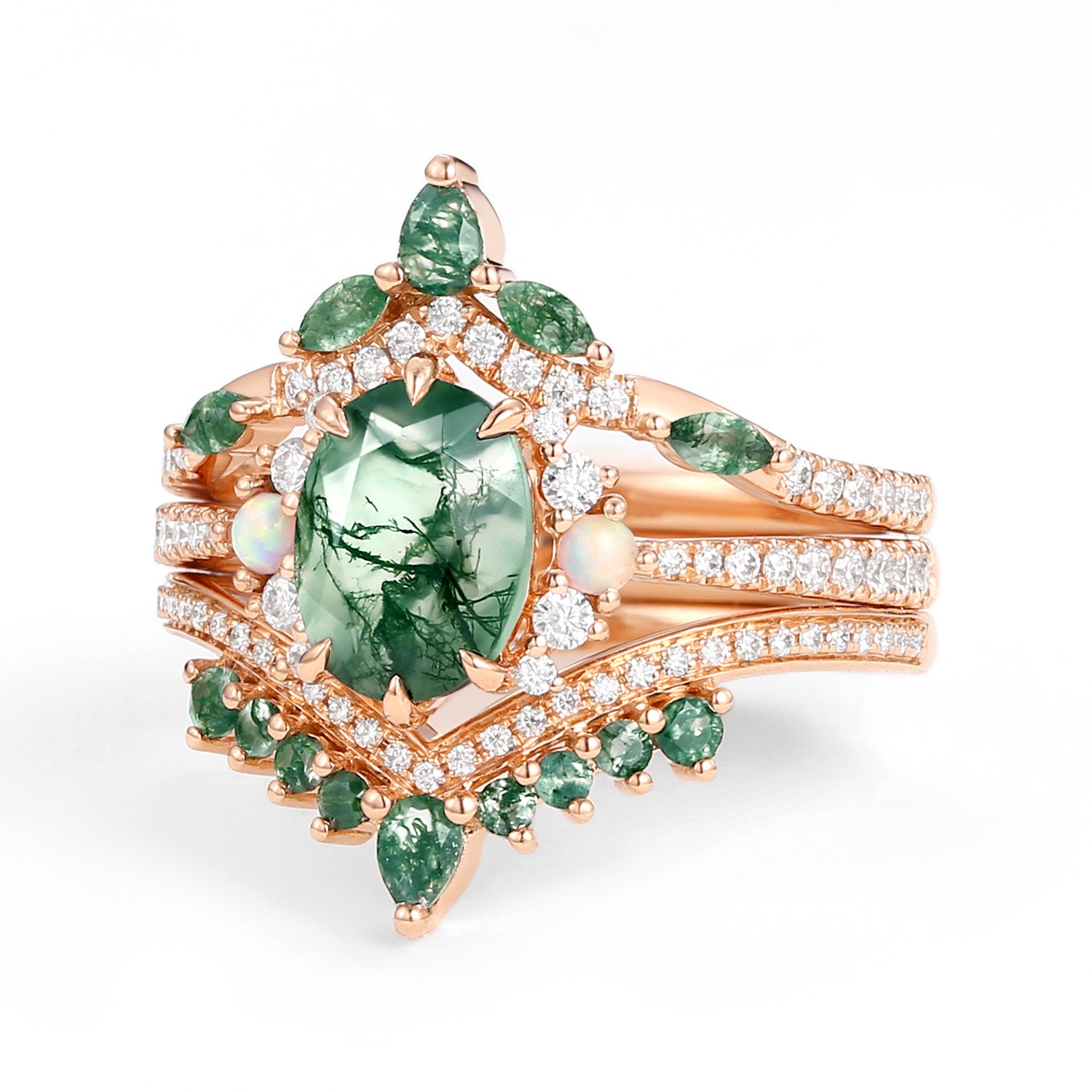 Ethan Unique Oval Cut Moss Agate & Opal Engagement Ring Set 3pcs
