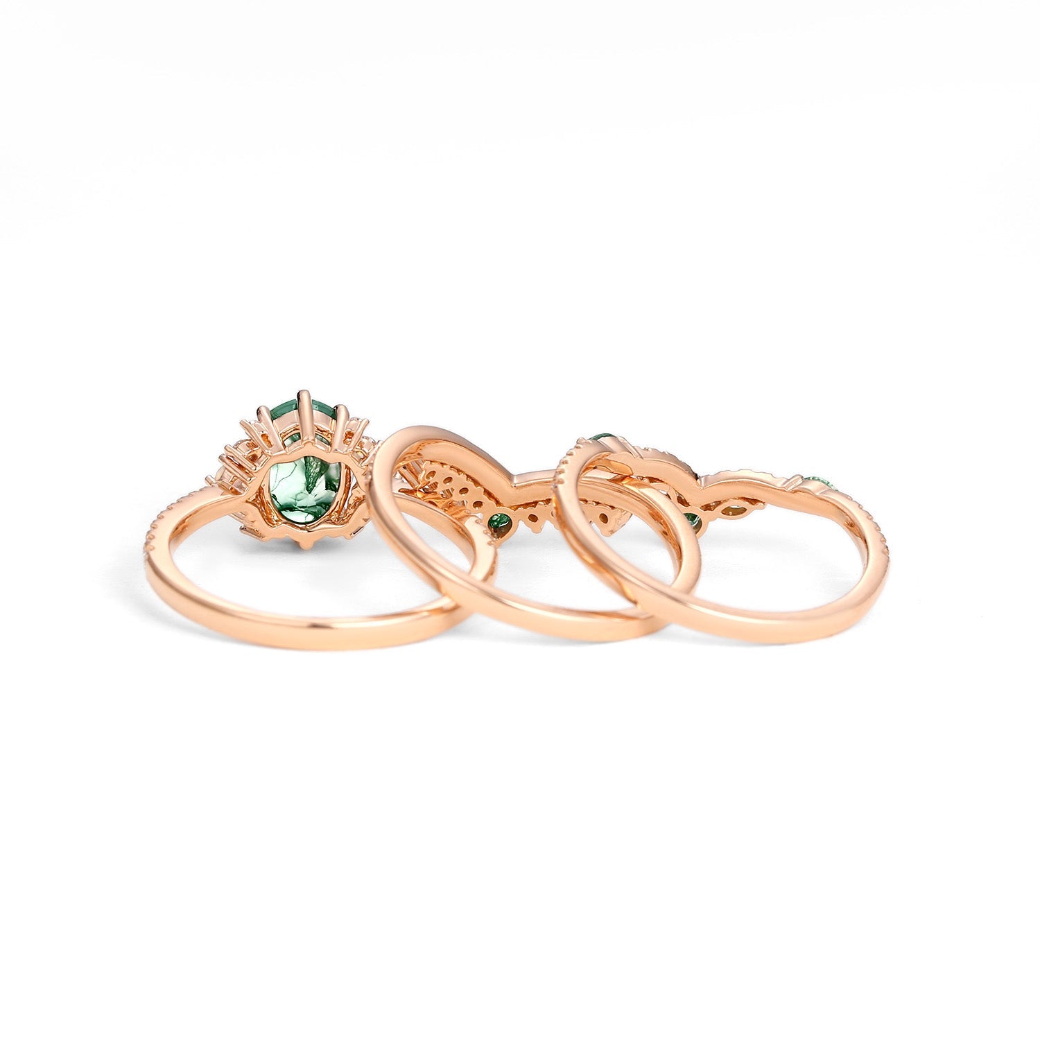 Ethan Unique Oval Cut Moss Agate & Opal Engagement Ring Set 3pcs