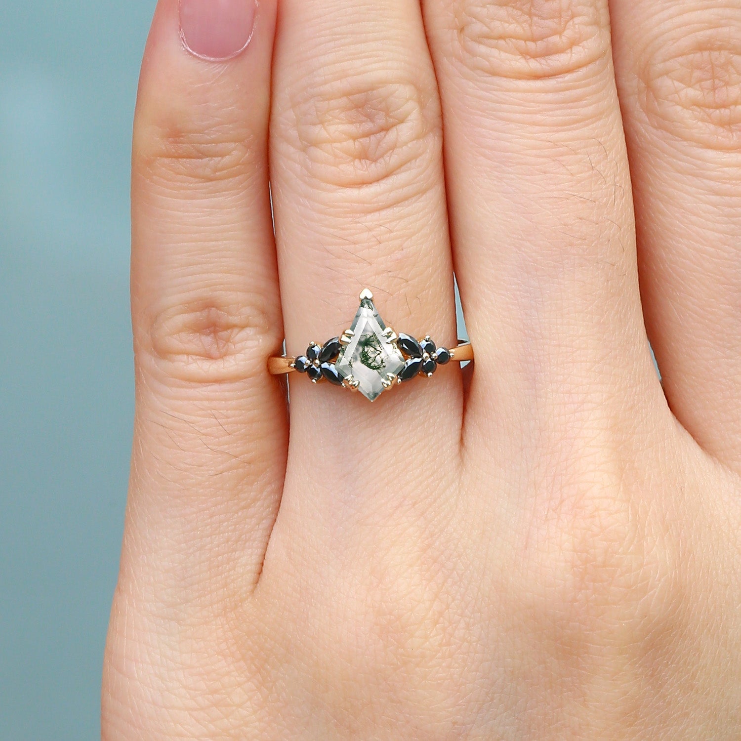 Unique Kite Cut Moss Agate & Black Onyx Leaf Engagement Ring