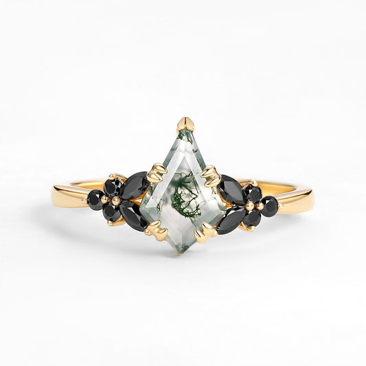 Unique Kite Cut Moss Agate & Black Onyx Leaf Engagement Ring