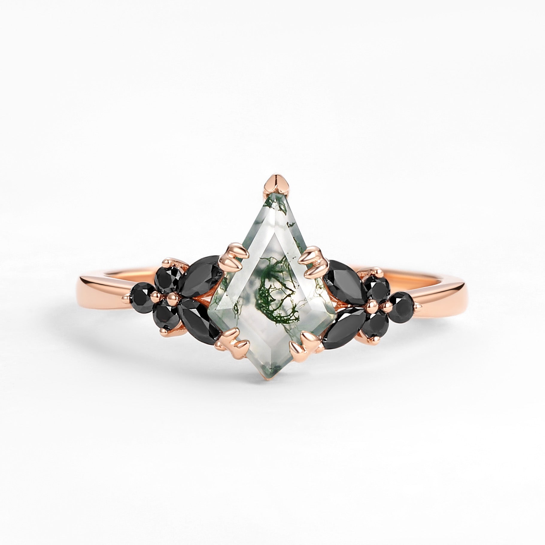 Unique Kite Cut Moss Agate & Black Onyx Leaf Engagement Ring