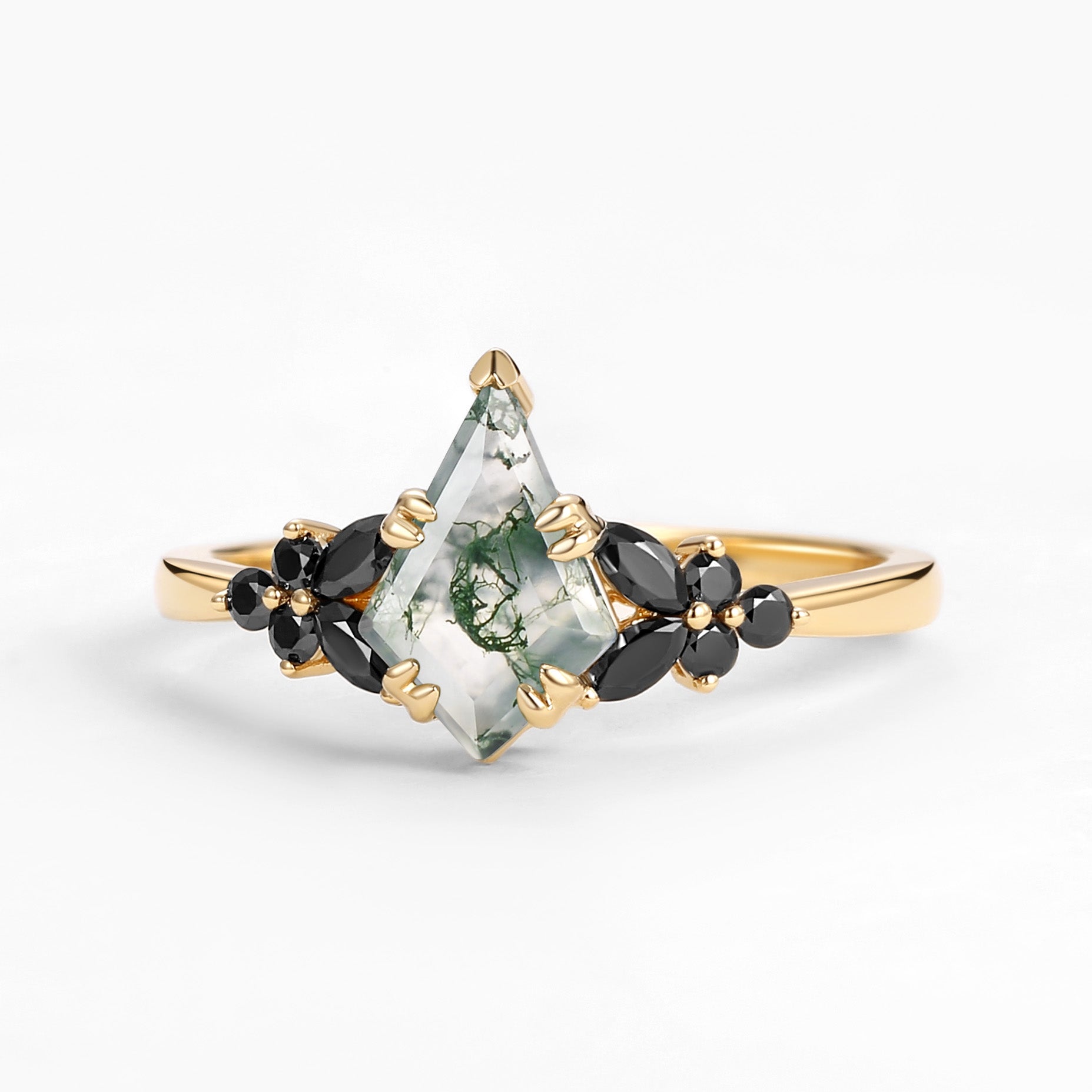 Unique Kite Cut Moss Agate & Black Onyx Leaf Engagement Ring
