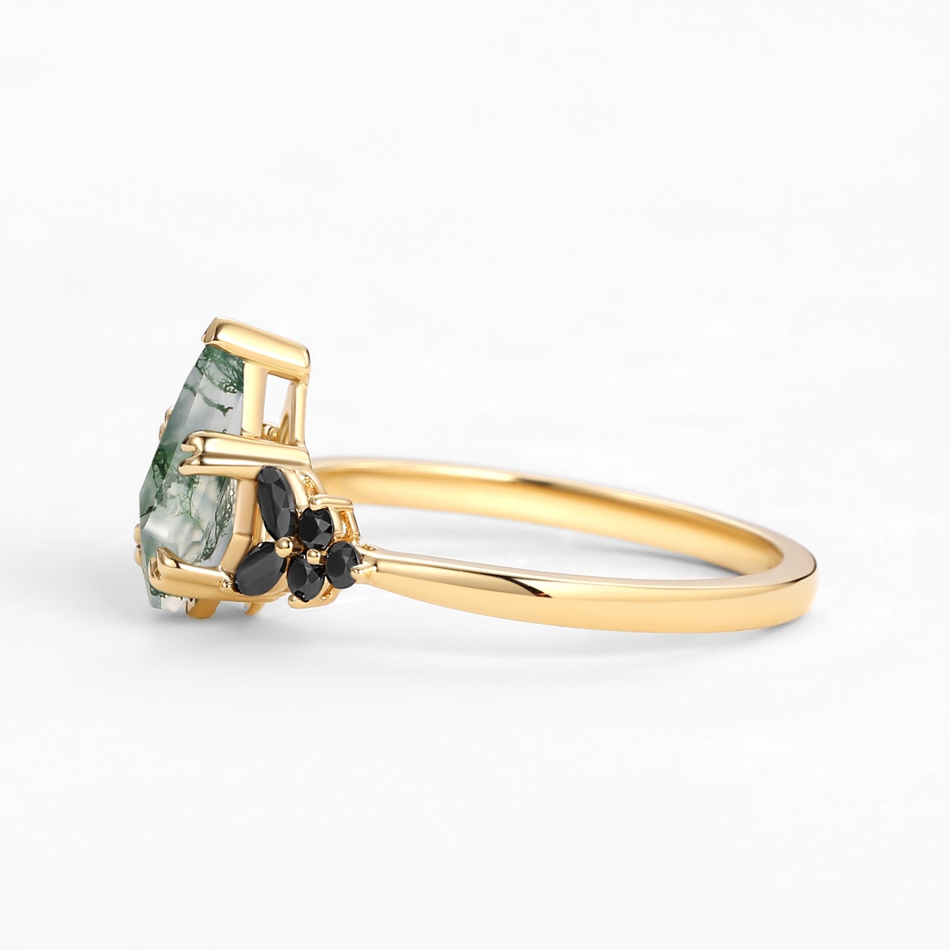 Unique Kite Cut Moss Agate & Black Onyx Leaf Engagement Ring