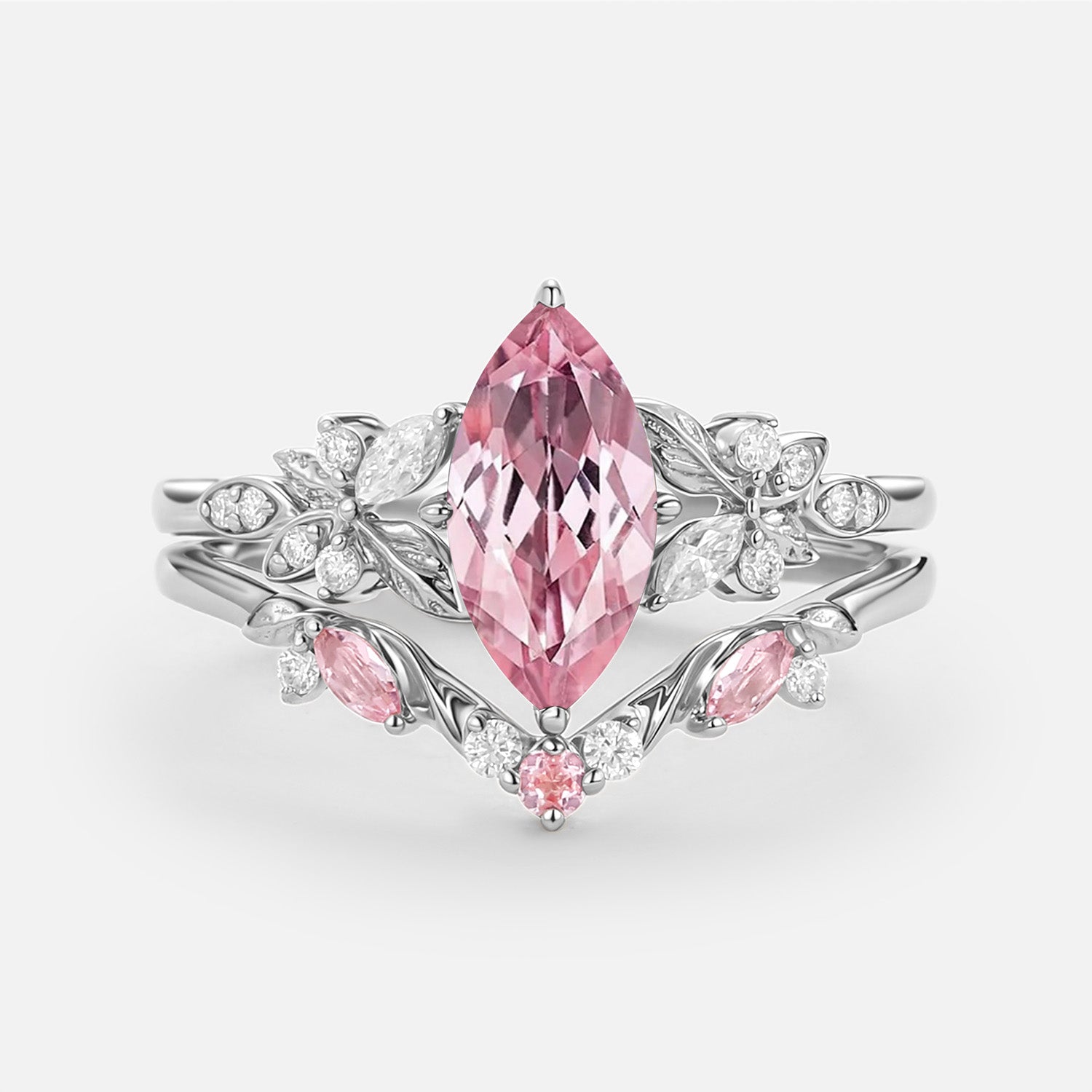 Peony Marquise Lab Pink Sapphire Leafy Engagement Ring Sets 2pcs