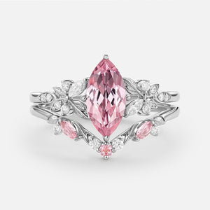 Peony Marquise Lab Pink Sapphire Leafy Engagement Ring Sets 2pcs