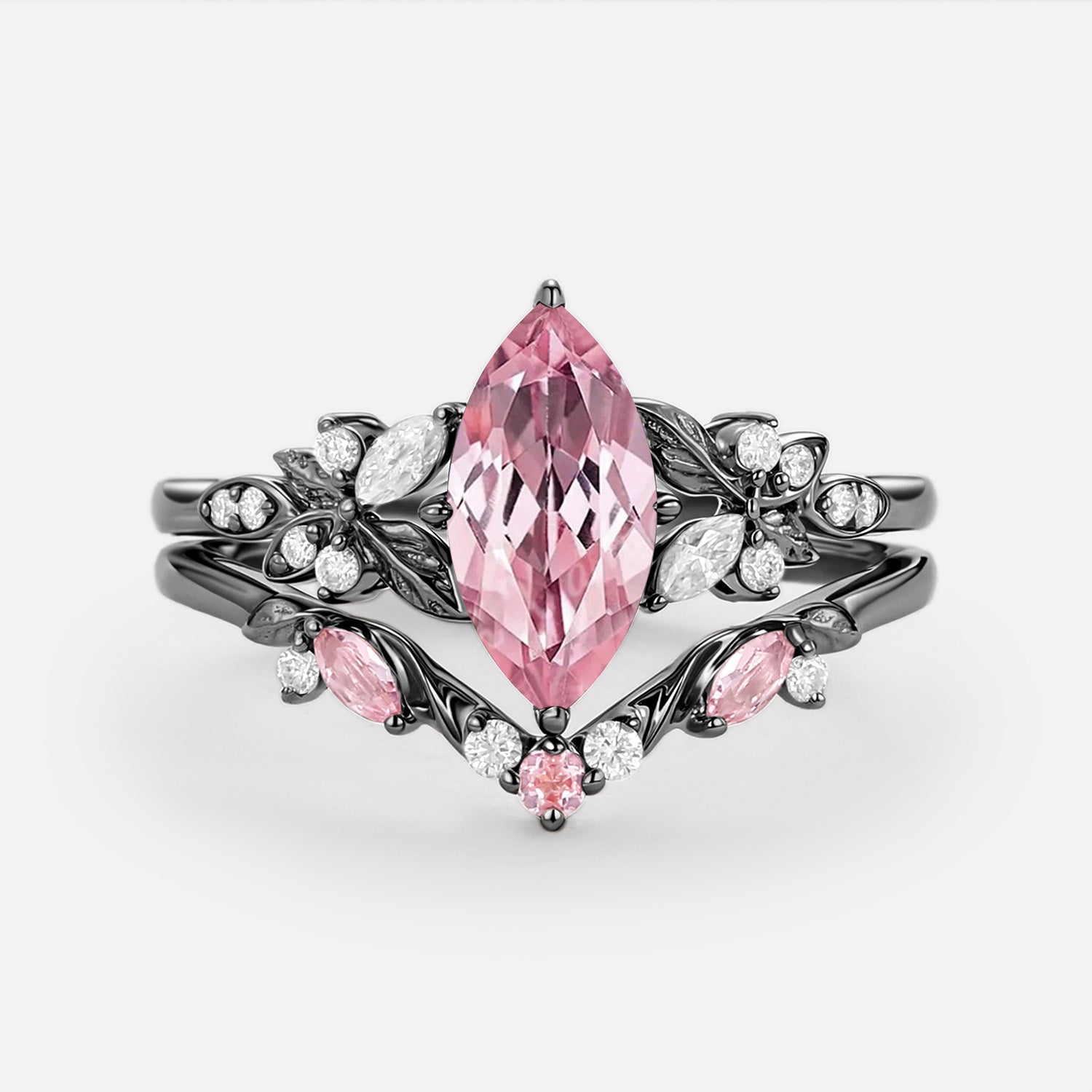 Peony Marquise Lab Pink Sapphire Leafy Engagement Ring Sets 2pcs