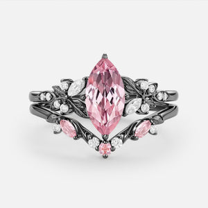 Peony Marquise Lab Pink Sapphire Leafy Engagement Ring Sets 2pcs