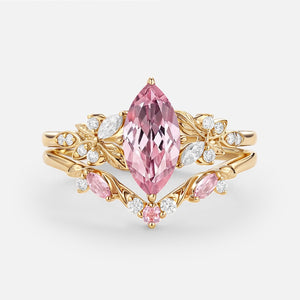 Peony Marquise Lab Pink Sapphire Leafy Engagement Ring Sets 2pcs