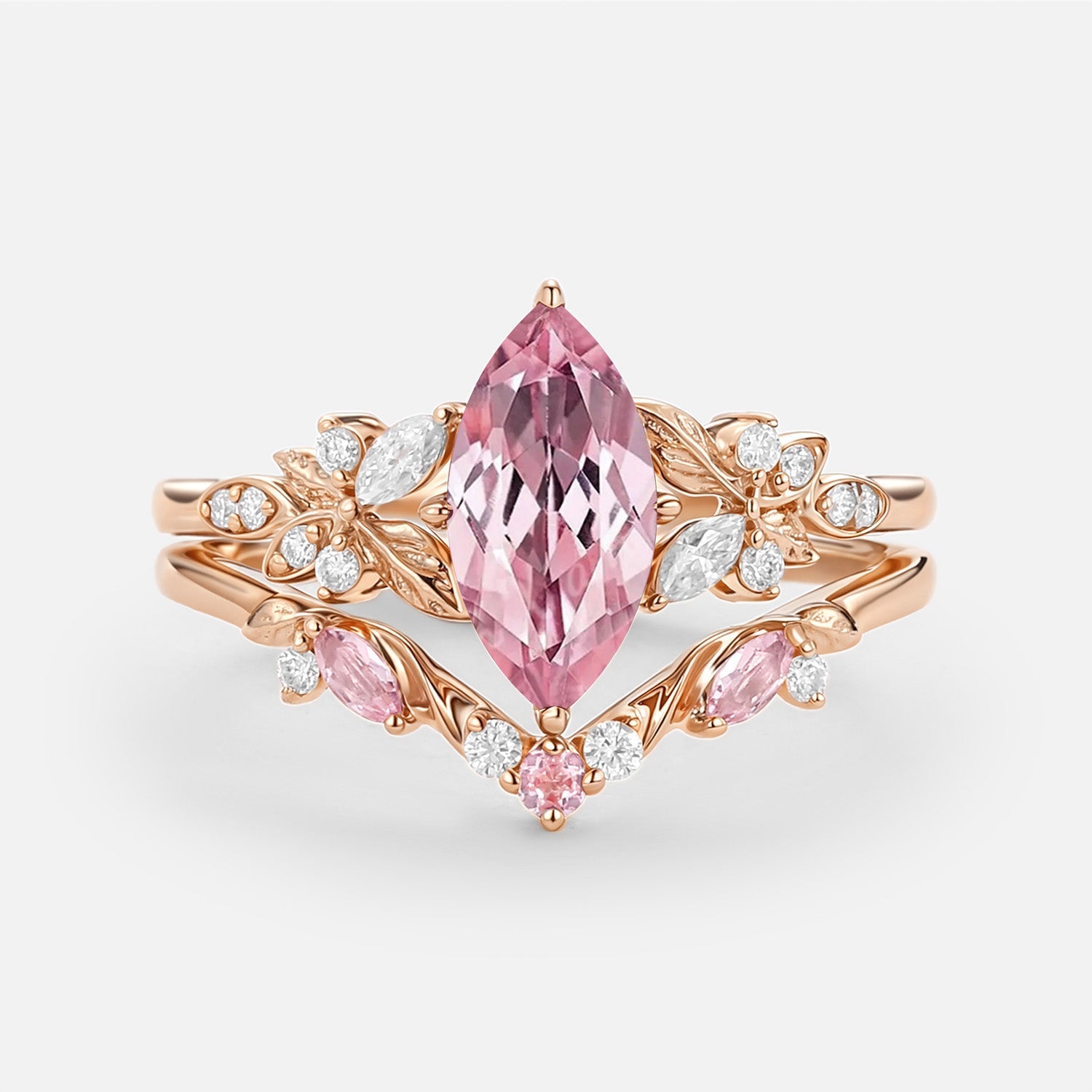 Peony Marquise Lab Pink Sapphire Leafy Engagement Ring Sets 2pcs