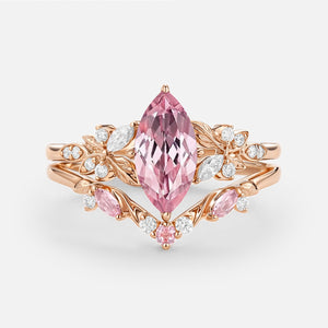 Peony Marquise Lab Pink Sapphire Leafy Engagement Ring Sets 2pcs