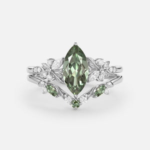 Peony Marquise Lab Pink Sapphire Leafy Engagement Ring Sets 2pcs