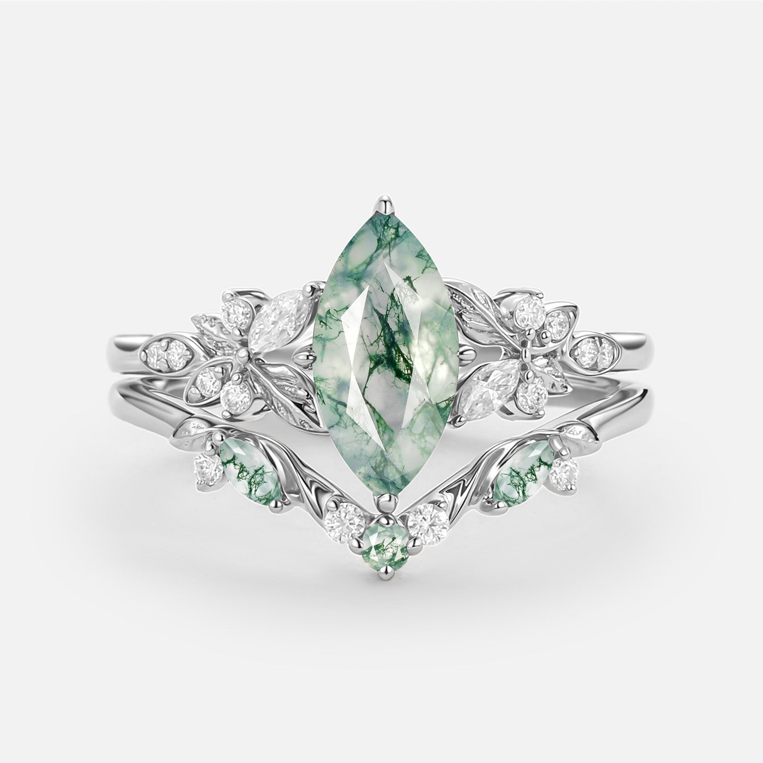 Peony Marquise Lab Pink Sapphire Leafy Engagement Ring Sets 2pcs