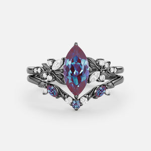 Peony Marquise Lab Pink Sapphire Leafy Engagement Ring Sets 2pcs