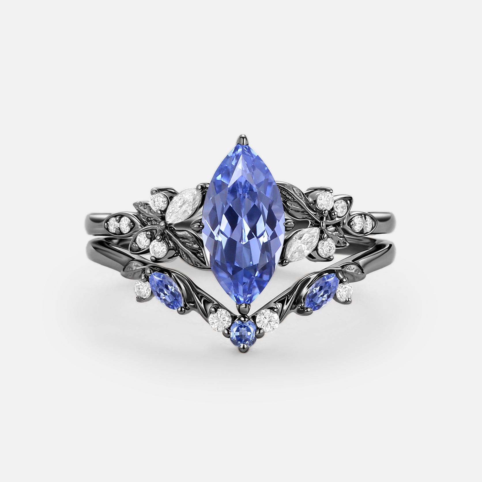 Peony Marquise Lab Pink Sapphire Leafy Engagement Ring Sets 2pcs