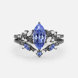 Peony Marquise Lab Pink Sapphire Leafy Engagement Ring Sets 2pcs