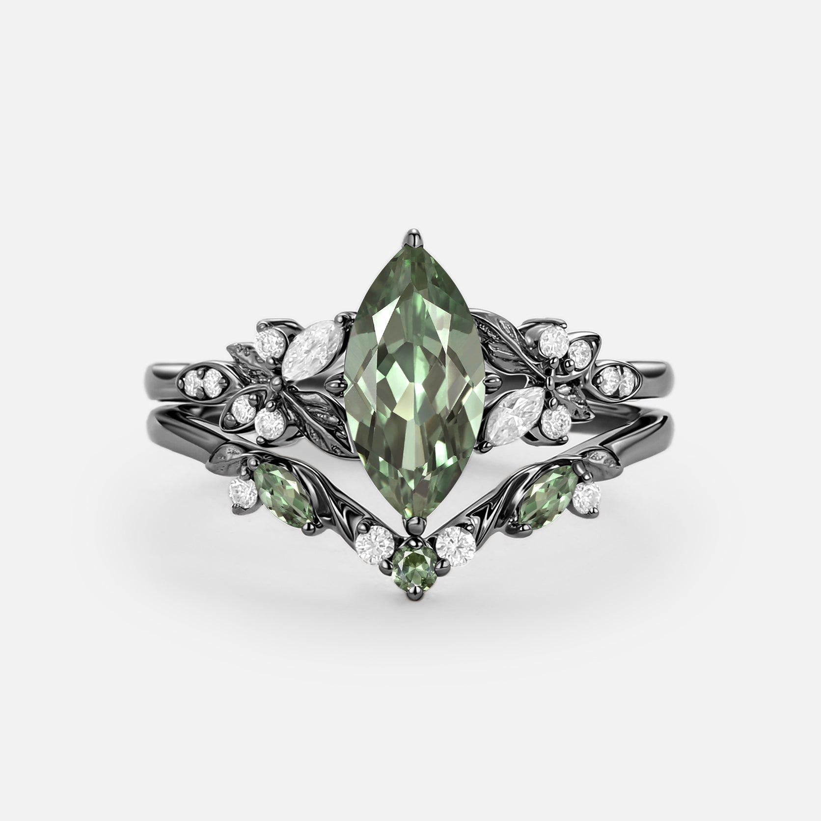 Peony Marquise Lab Pink Sapphire Leafy Engagement Ring Sets 2pcs