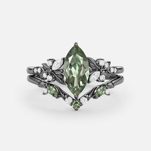 Peony Marquise Lab Pink Sapphire Leafy Engagement Ring Sets 2pcs