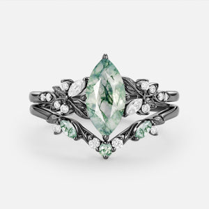 Peony Marquise Lab Pink Sapphire Leafy Engagement Ring Sets 2pcs