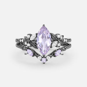 Peony Marquise Lab Pink Sapphire Leafy Engagement Ring Sets 2pcs