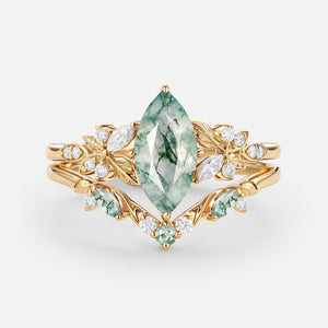 Peony Marquise Lab Pink Sapphire Leafy Engagement Ring Sets 2pcs