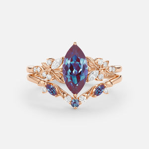 Peony Marquise Lab Pink Sapphire Leafy Engagement Ring Sets 2pcs