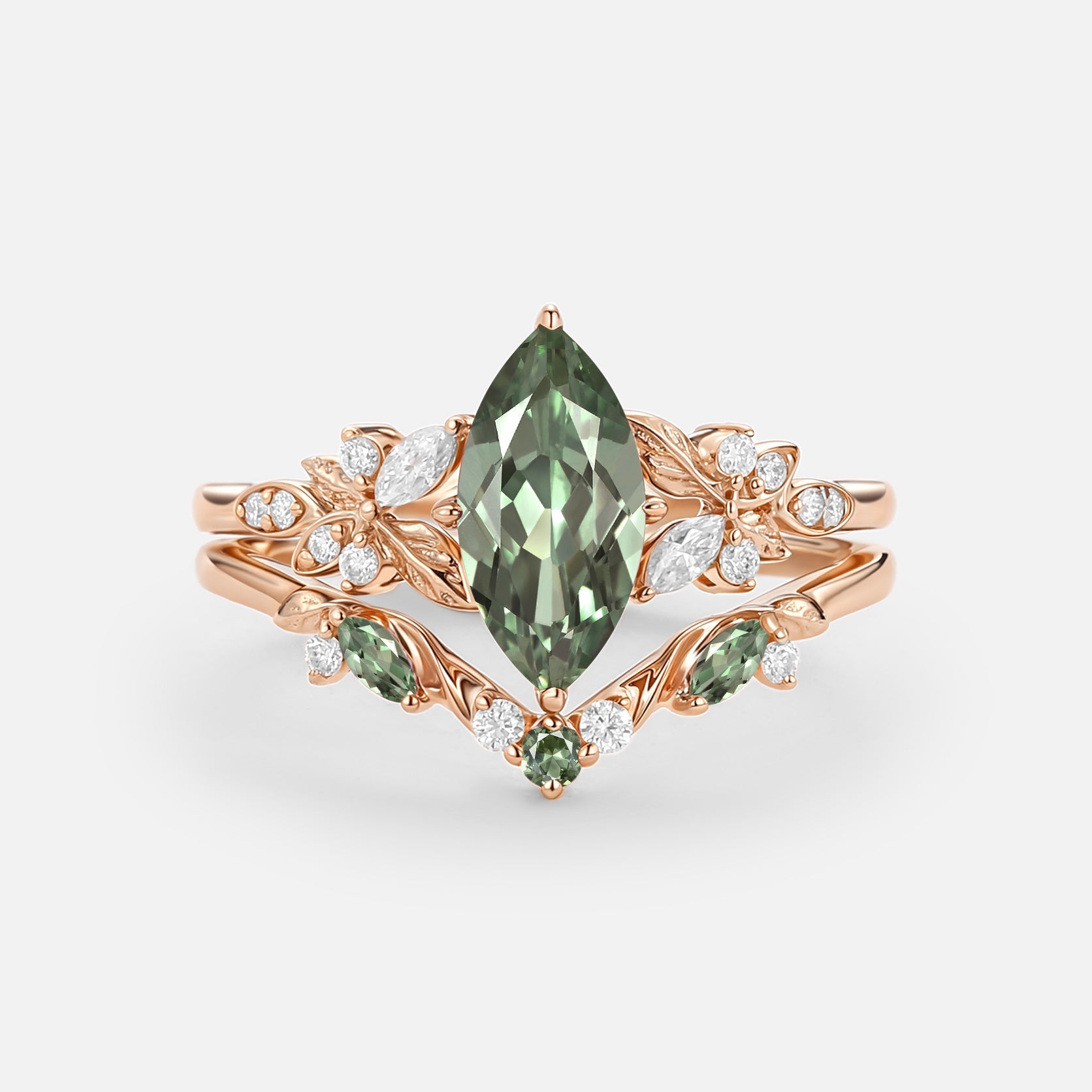 Peony Marquise Lab Pink Sapphire Leafy Engagement Ring Sets 2pcs