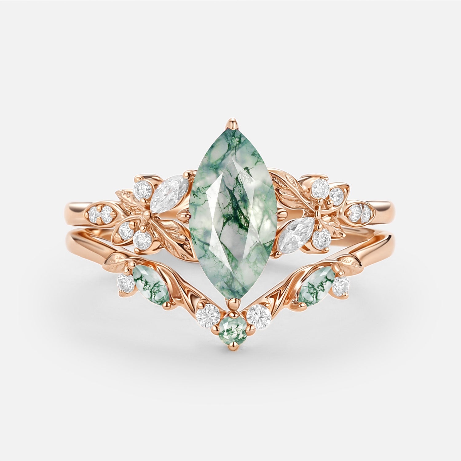 Peony Marquise Lab Pink Sapphire Leafy Engagement Ring Sets 2pcs