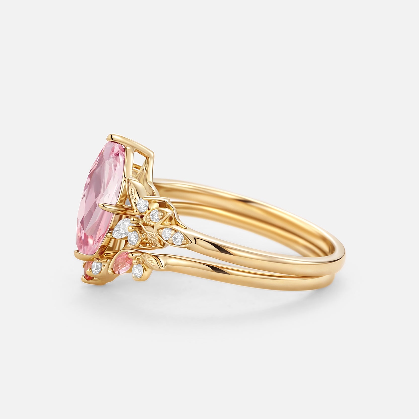 Peony Marquise Lab Pink Sapphire Leafy Engagement Ring Sets 2pcs