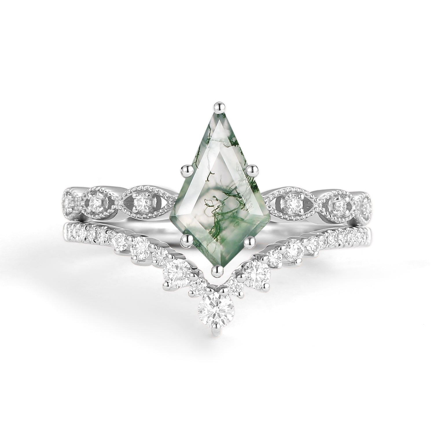 2.0ct Vintage Kite Cut Moss Agate Engagement Ring Set 2pcs - Winona