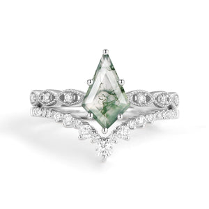 2.0ct Vintage Kite Cut Moss Agate Engagement Ring Set 2pcs - Winona