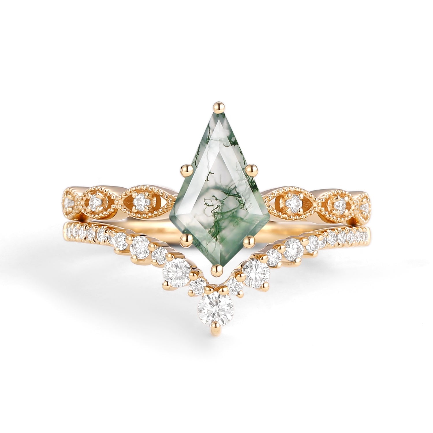 Vintage Kite Cut Moss Agate Couple Ring Set 3pcs - Winona