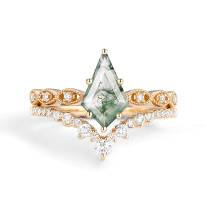 Vintage Kite Cut Moss Agate Couple Ring Set 3pcs - Winona
