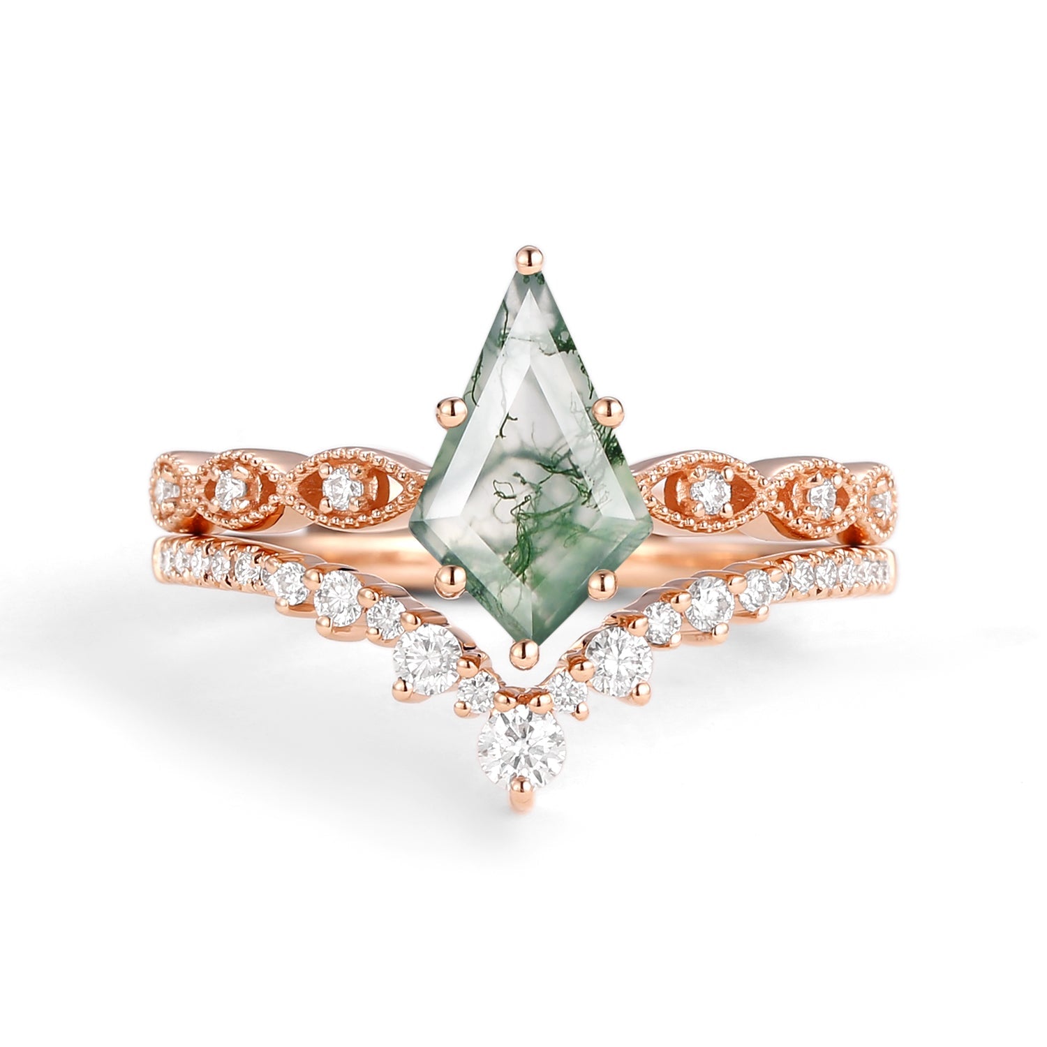 Vintage Kite Cut Moss Agate Couple Ring Set 3pcs - Winona