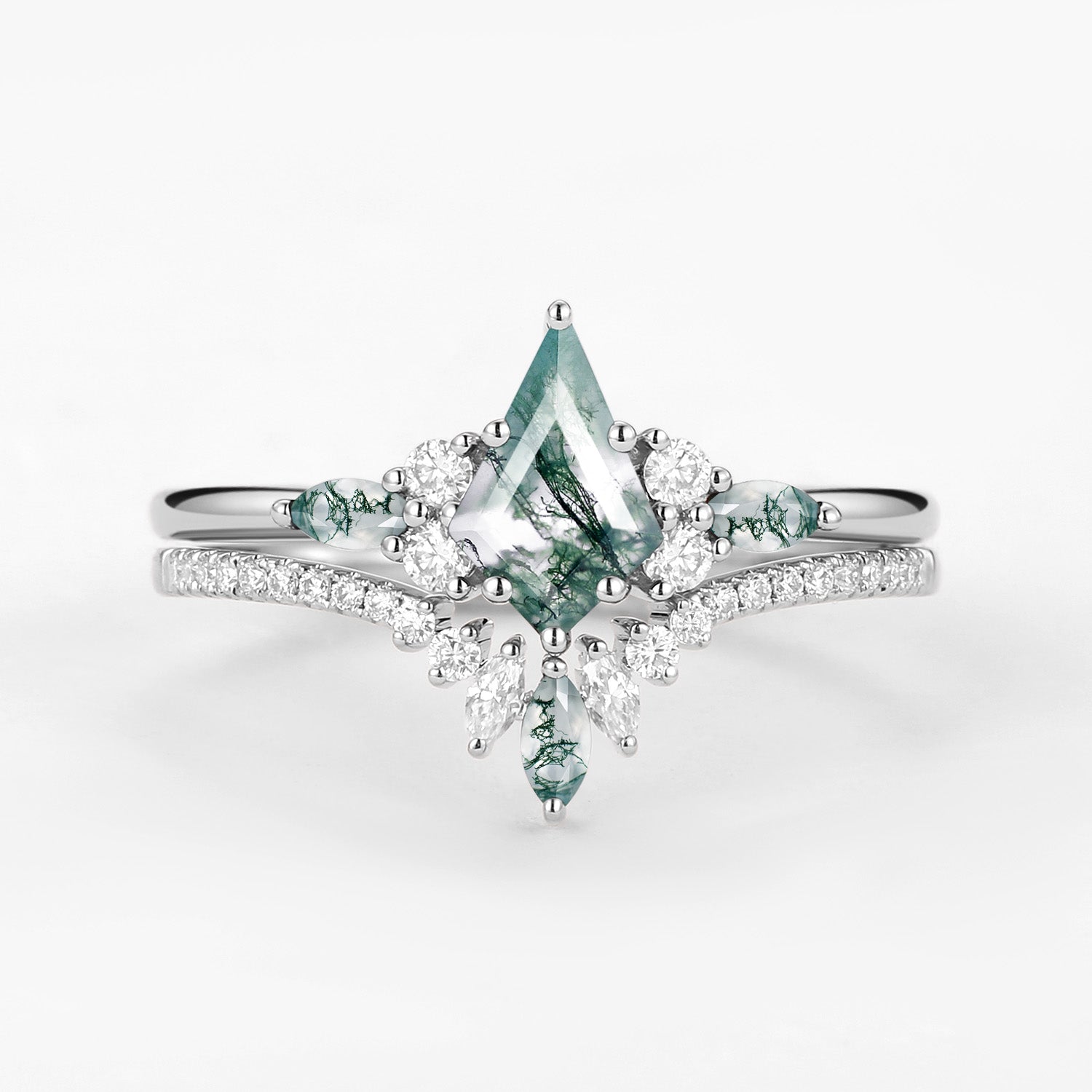 Kite Cut Green Moss Agate Three Stone Engagement Bridal Set 2pcs - Rebecca