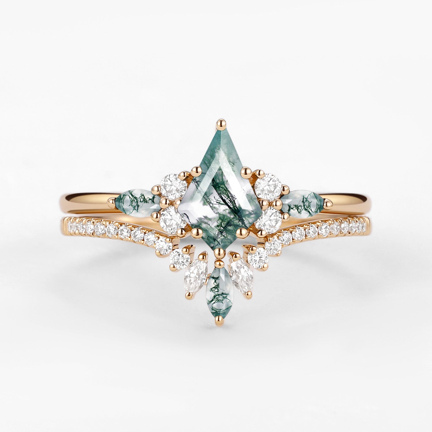 Kite Cut Green Moss Agate Three Stone Engagement Bridal Set 2pcs - Rebecca