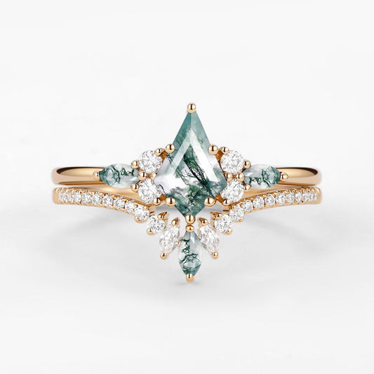 Rebecca Kite Cut Green Moss Agate Three Stone Engagement Bridal Set 2pcs