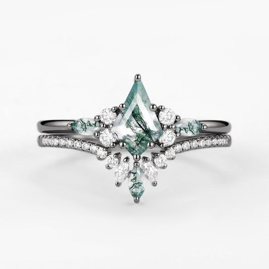 Black Gold Kite Cut Green Moss Agate Bridal Set 2pcs - Rebecca