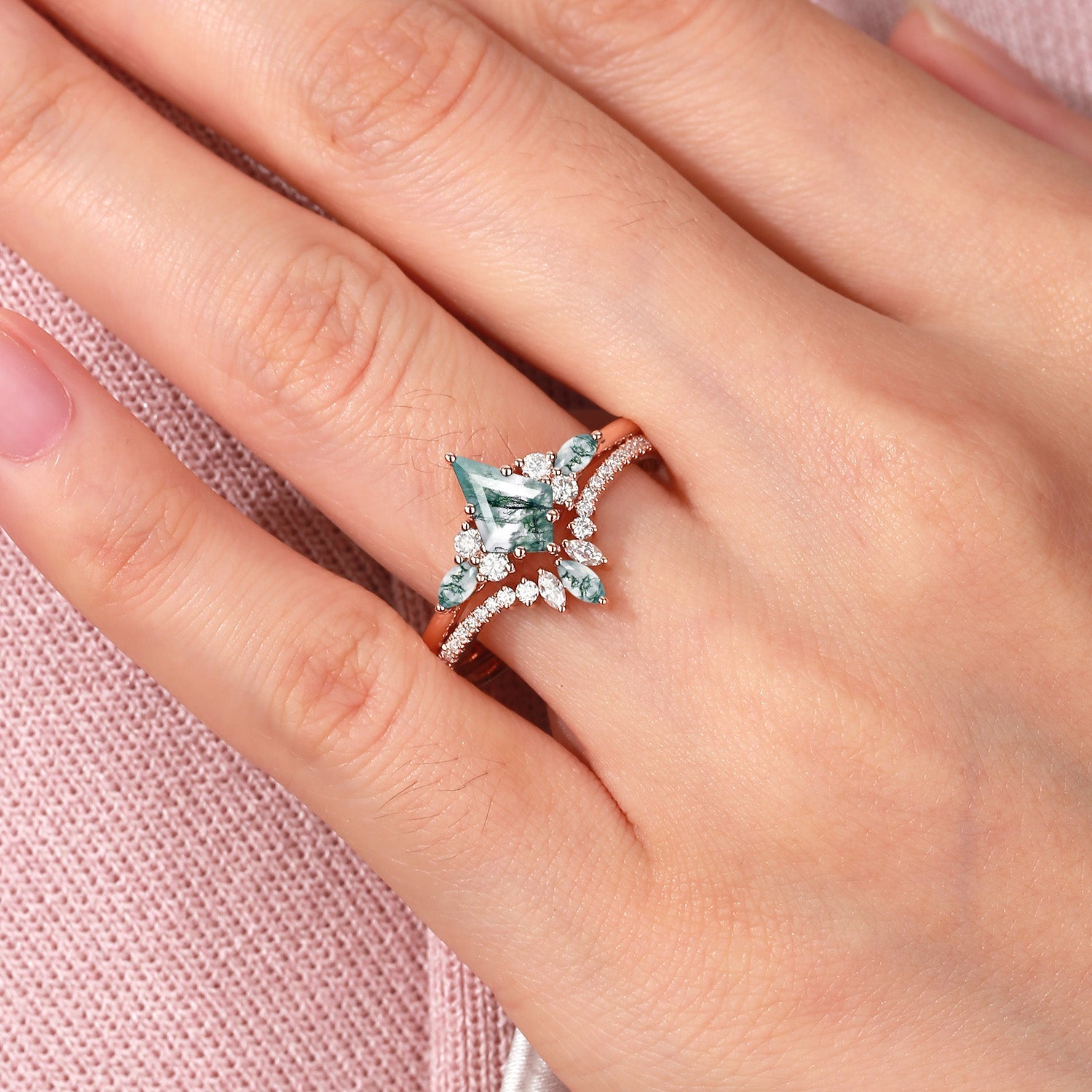 Kite Cut Green Moss Agate Three Stone Engagement Bridal Set 2pcs - Rebecca
