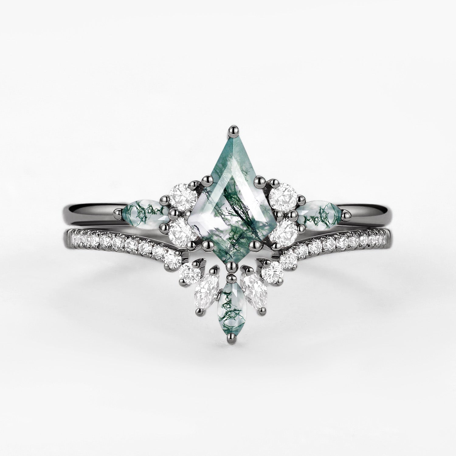 Kite Cut Green Moss Agate Three Stone Engagement Bridal Set 2pcs - Rebecca