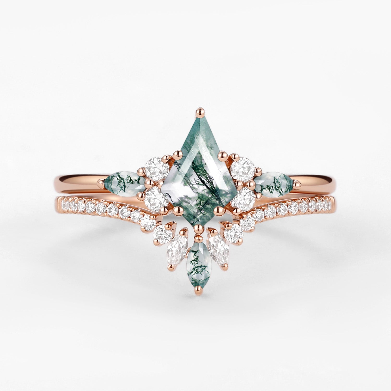 Kite Cut Green Moss Agate Three Stone Engagement Bridal Set 2pcs - Rebecca