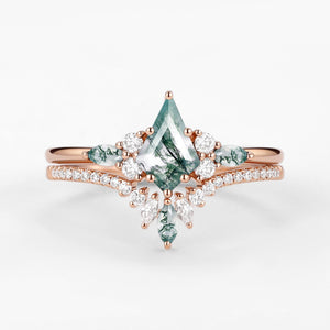 Kite Cut Green Moss Agate Three Stone Engagement Bridal Set 2pcs - Rebecca