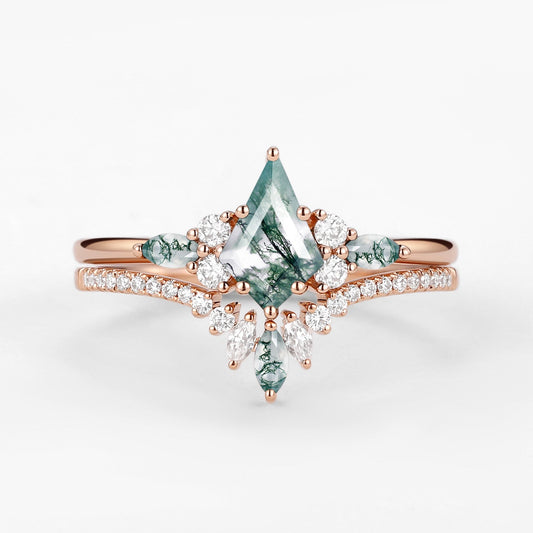 Kite Cut Green Moss Agate Three Stone Engagement Bridal Set 2pcs - Rebecca