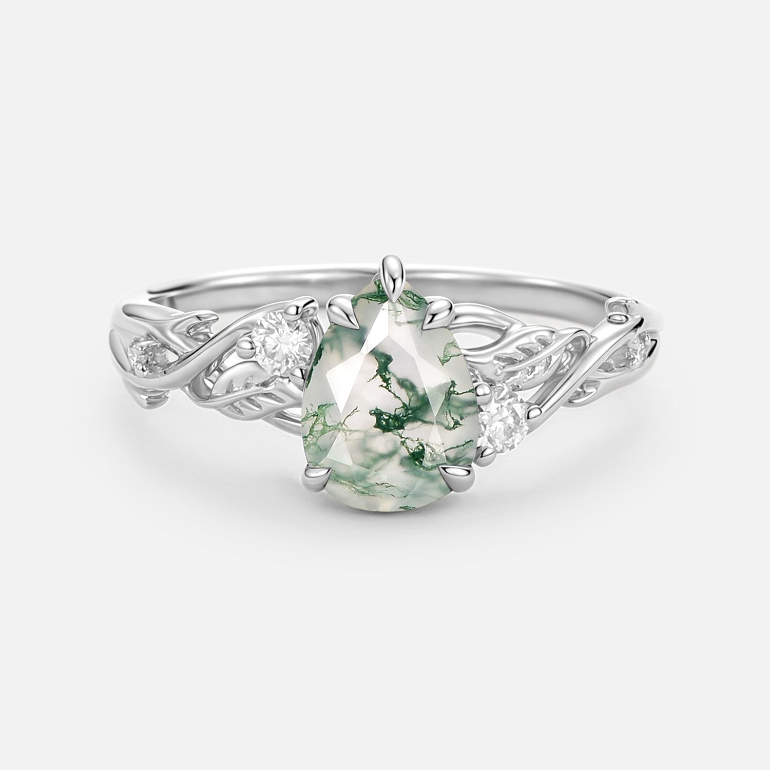 Pear Cut Moss Agate Nature Inspired Engagement Ring - Bog