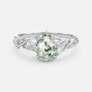 Pear Cut Moss Agate Nature Inspired Engagement Ring - Bog