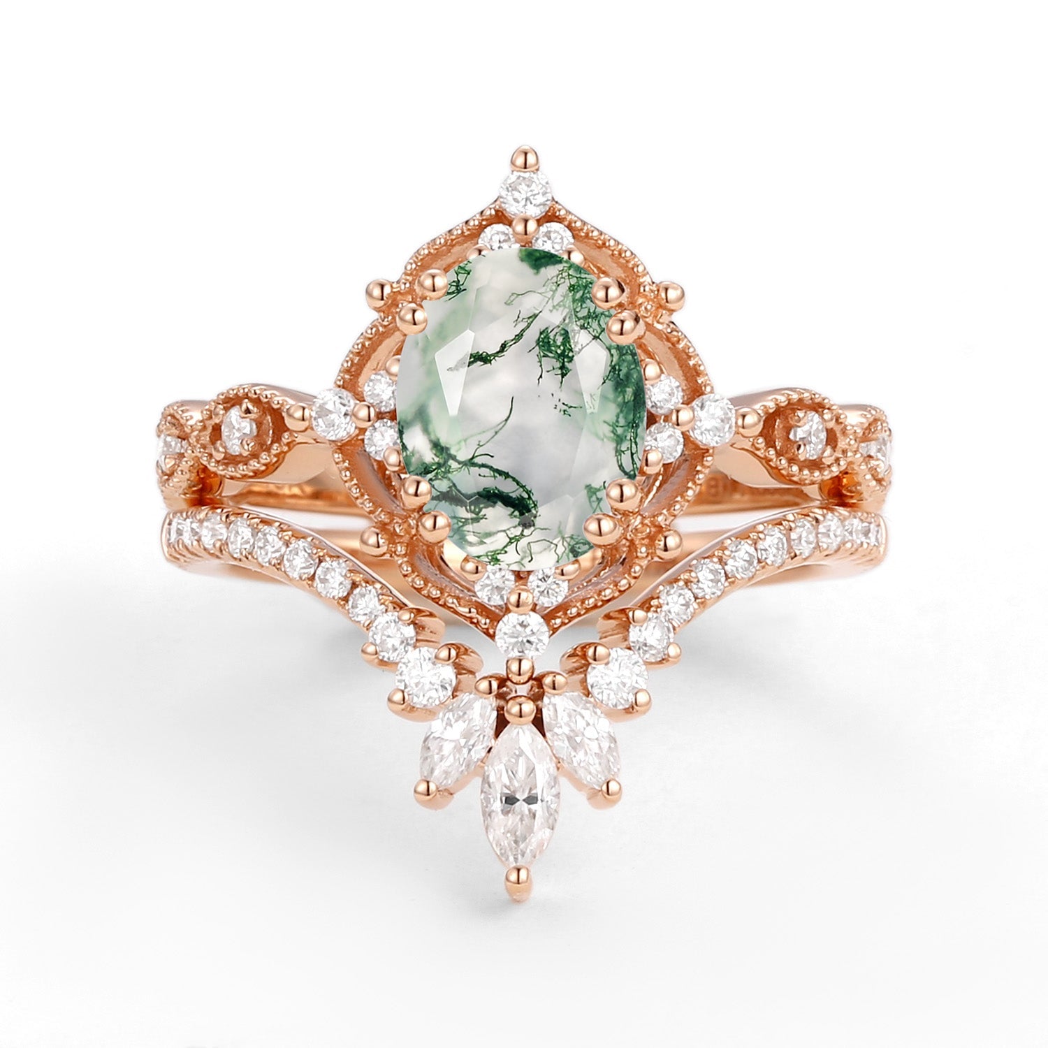 Soren Oval Cut Vintage Moss Agate Engagement Ring Set 2pcs