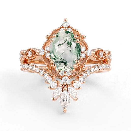 Soren Oval Cut Vintage Moss Agate Engagement Ring Set 2pcs
