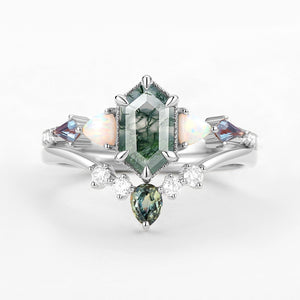Hexagon Moss Agate & Opal & Alexandrite & Teal Sapphire Engagement Ring Set 2PCS
