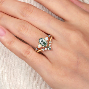 Hexagon Moss Agate & Opal & Alexandrite & Teal Sapphire Engagement Ring Set 2PCS