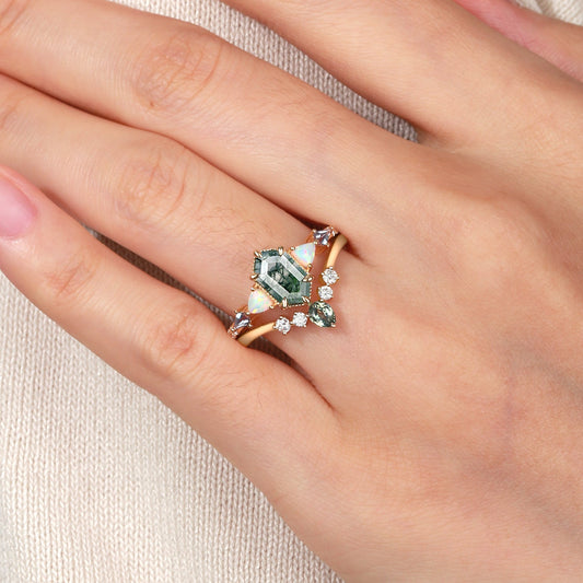 Hexagon Moss Agate & Opal & Alexandrite & Teal Sapphire Engagement Ring Set 2PCS