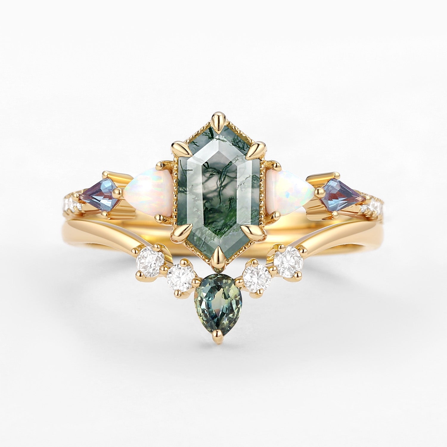 Hexagon Moss Agate & Opal & Alexandrite & Teal Sapphire Engagement Ring Set 2PCS